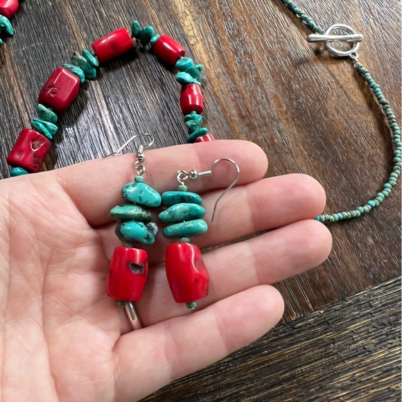 Real Turquoise Red Coral Necklace Bracelet Earring 3 pc set blue green handmade - Picture 16 of 16